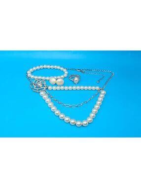 Pearl and Silver Tone Jewelry Set - Necklace, Bracelet, Ring, Earrings